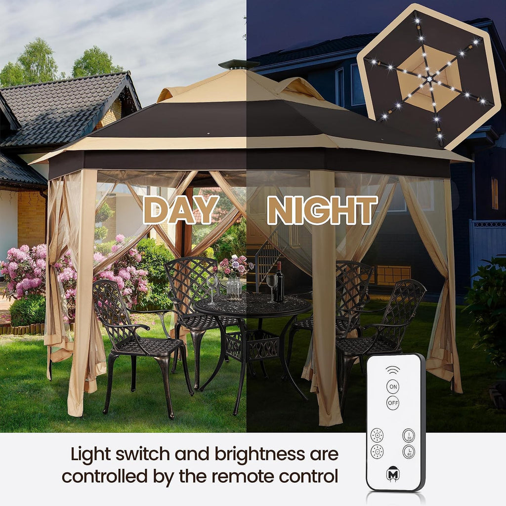 13×13 Pop-Up Patio Gazebo Tent W/Mesh Netting Sides & 25 Solar LED Lights