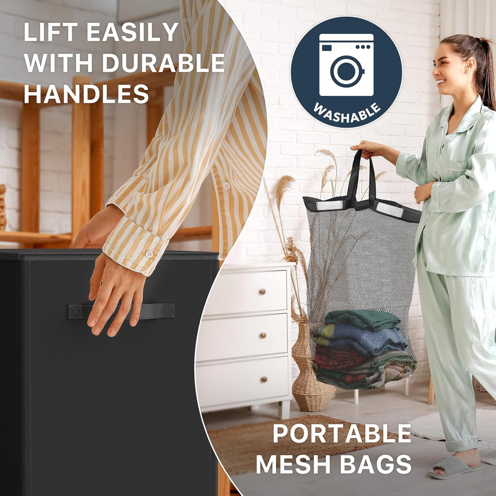 Double Laundry Hamper with Lid & Removable Bags, Black | Heavy Duty 600D Polyester, Water-Resistant Surface