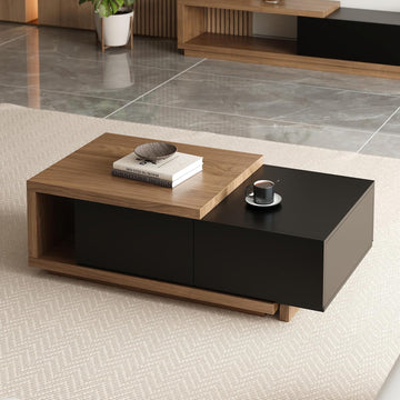 Extendable Coffee Table, 47"-69" Expandable Walnut Coffee Table with 2 Drawers