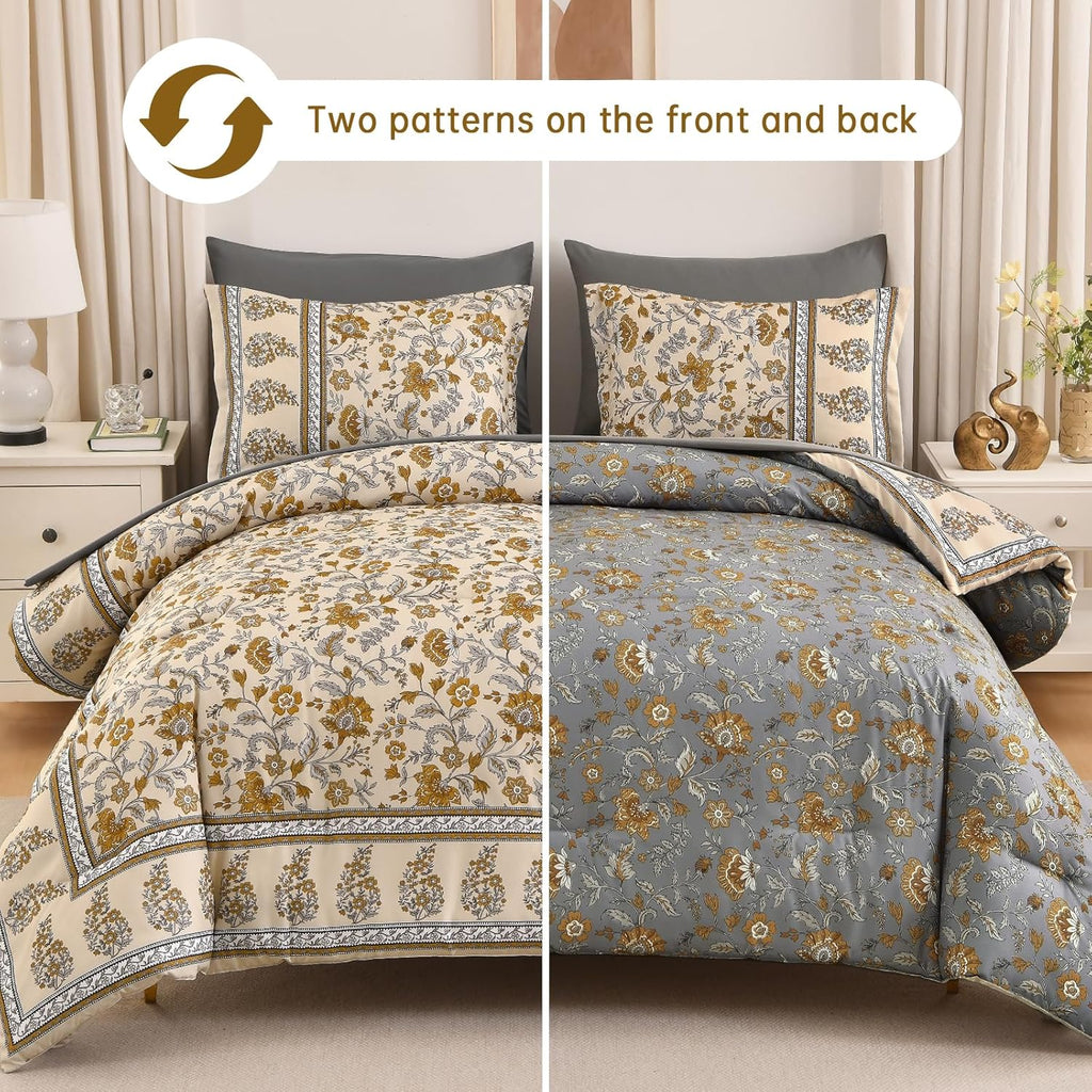 Boho Comforter Set,Beige Brown Bedding Paisley Floral 7 Piece Bed in a Bag Reversible Lightweight
