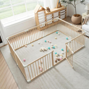 GGF Wooden Baby Playpen Foldable Play Yard with Gate 86"x58" Natural Wood