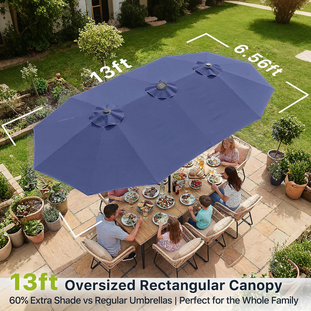 13ft Patio Umbrella Double Sided Outdoor Umbrella Table Umbrella with Solar lights Pool (Navy)