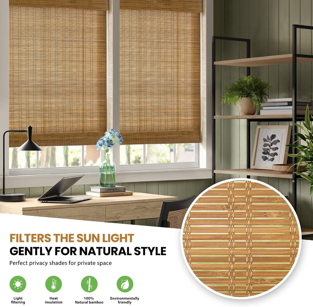 No Drill Bamboo Roman Shades, 34x64, Ceylon Light Russet | Light Filtering Window Treatment, No Tools Cordless Roll