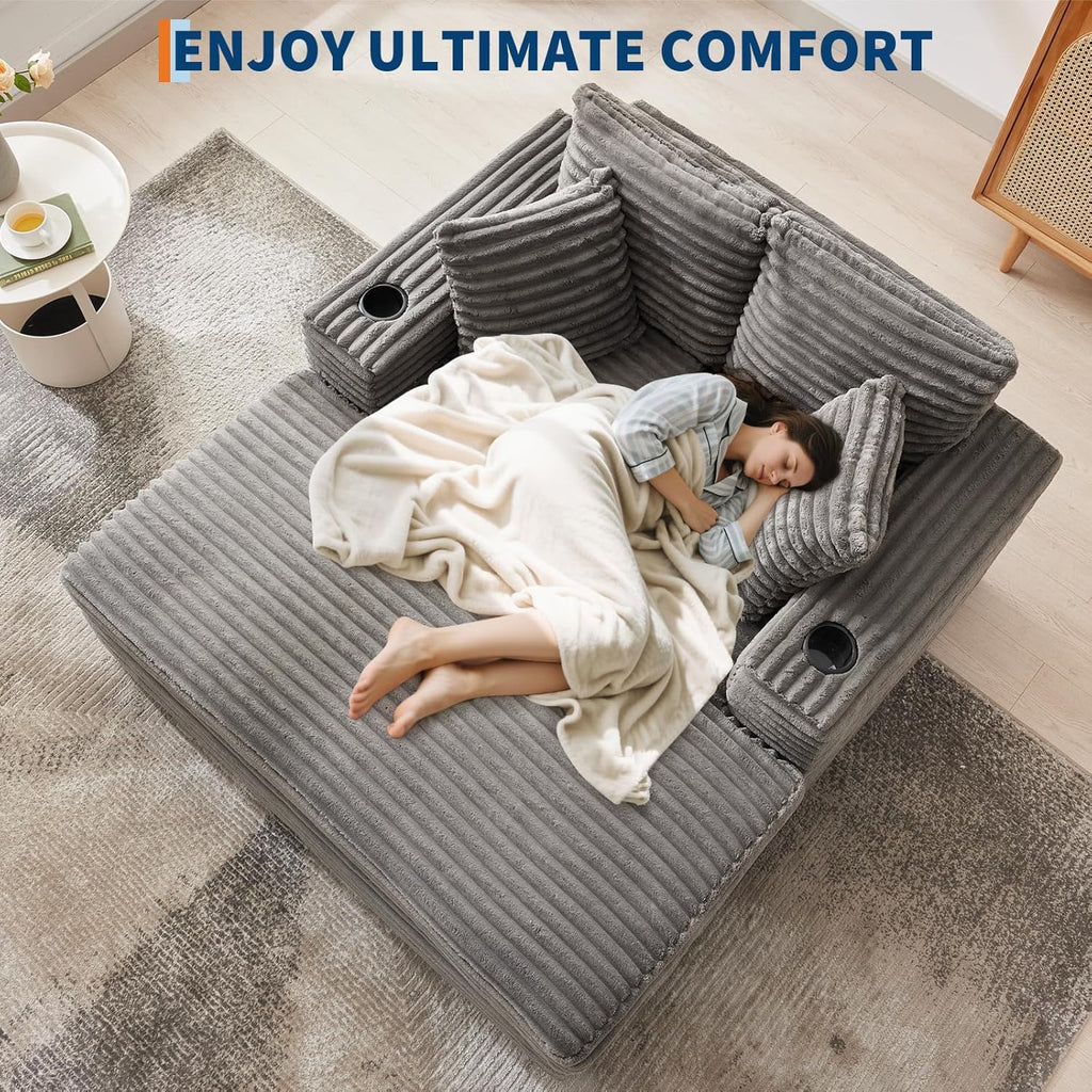 60-inch Oversized Chaise Lounge Chair Indoor, Comfy Corduroy Lounge Sofa with Charging Station, Cup Holders & Throw