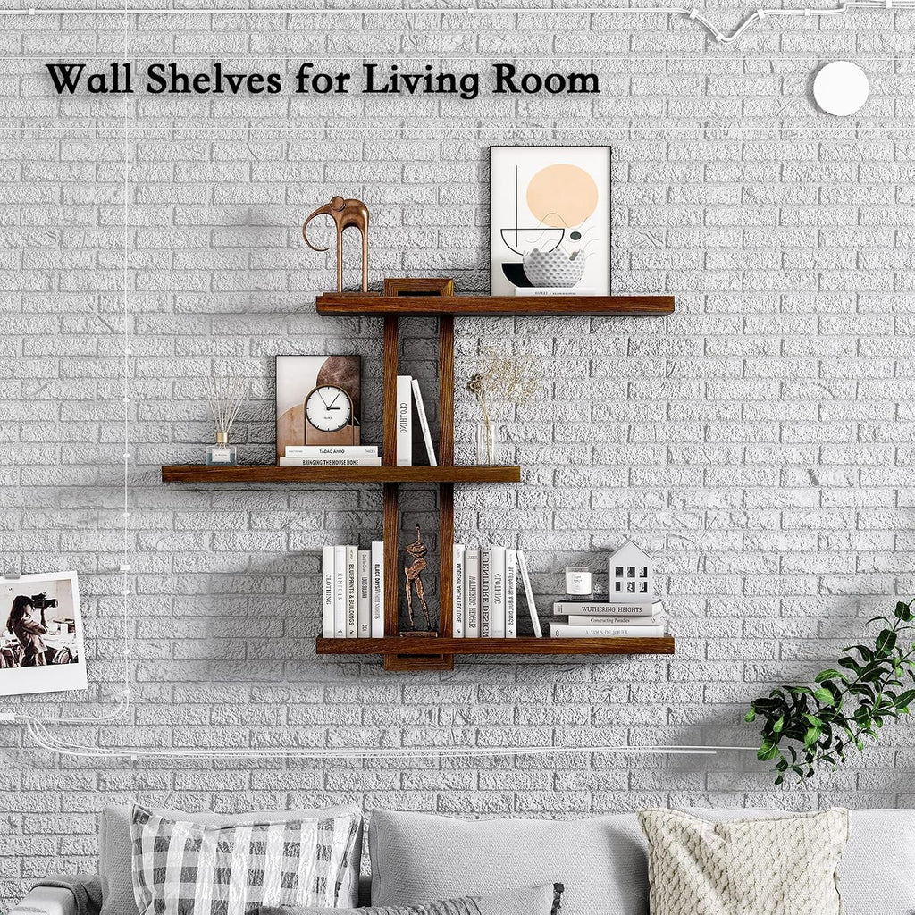 Variable Floating Shelves Wood Set of 3, Bathroom Shelves 28.35" Max, Rustic Wall Shelves Bedroom Farmhouse - Dark