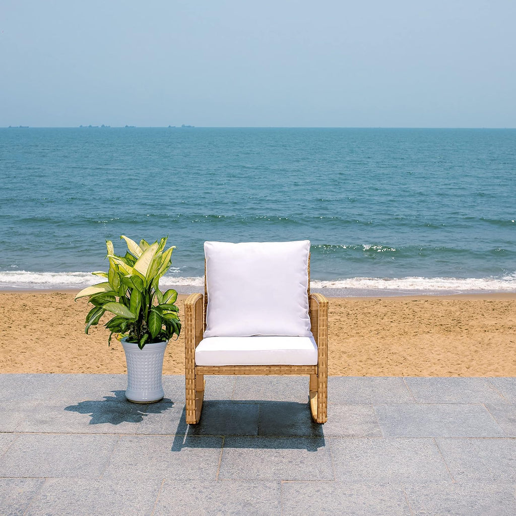 Outdoor - Daire Rocking Chair - Natural & White - Steel Frame Faux & Rattan with Cushion - Open-Frame Design - Ideal
