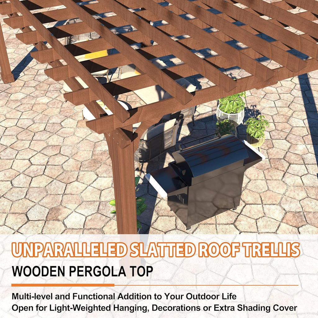 12 x16 FT Wooden Pergola, Cedar Wood Gazebo with Flat Roof, Outdoor Garden Shelter with Stakes Included