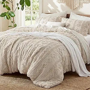 Tufted Boho Comforter Set King - Beige Boho Bed Set, GentleSoftTM 3 Pieces Farmhouse-Style Embroidery Bedding, Gifts - Set of 3