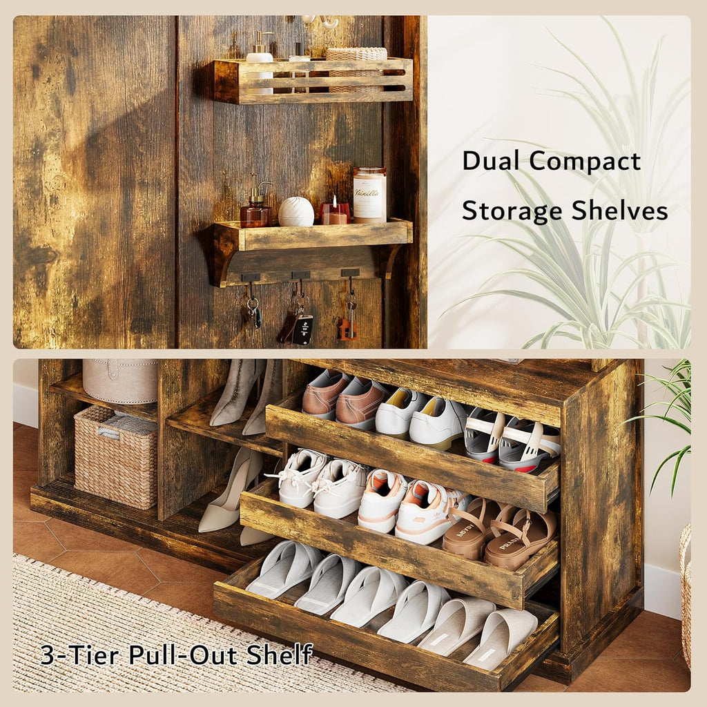 70" Large Hall Tree with Bench and Adjustable Storage Shelves, 6-in-1 Farmhouse Entryway Bench w/Coat Rack, Top