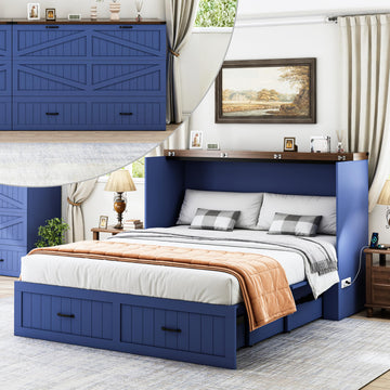 Queen Murphy Bed with Storage & Charging Station, Farmhouse Murphy Cabinet Bed with Large Drawer, Hideaway Foldable