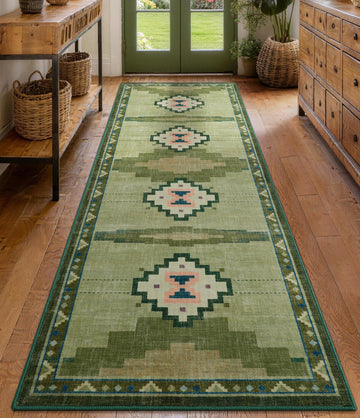 Non-Slip Green Mid Century Modern Runner Rug