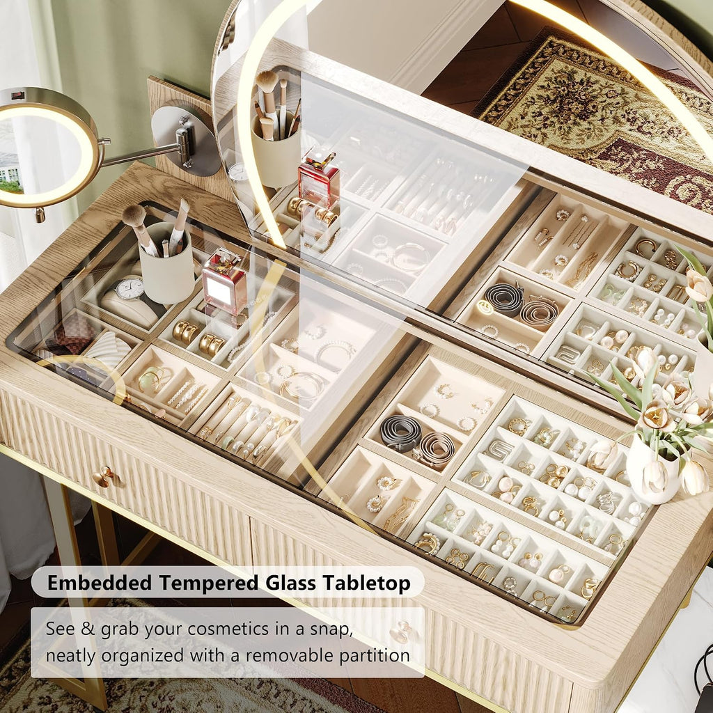 Vanity Desk w/5x Magnifying Mirror, Fluted Makeup Vanity w/Mirror and Lights, Glass Top Vanity, Dressing Table