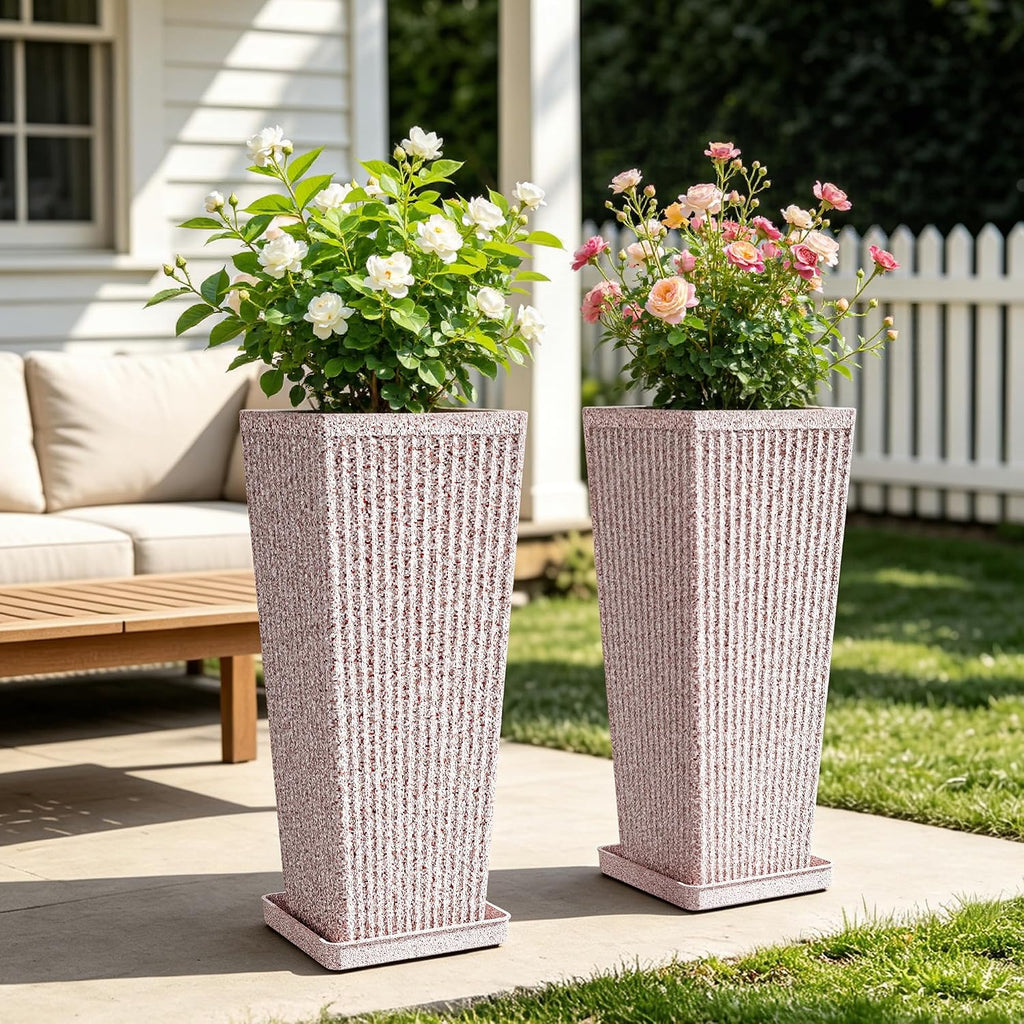 24" Tapered Tall Planters for Outdoor Plants with Tray&Shelf, Red | Resin PP Weather-Resistant Material, Stone&Fluted