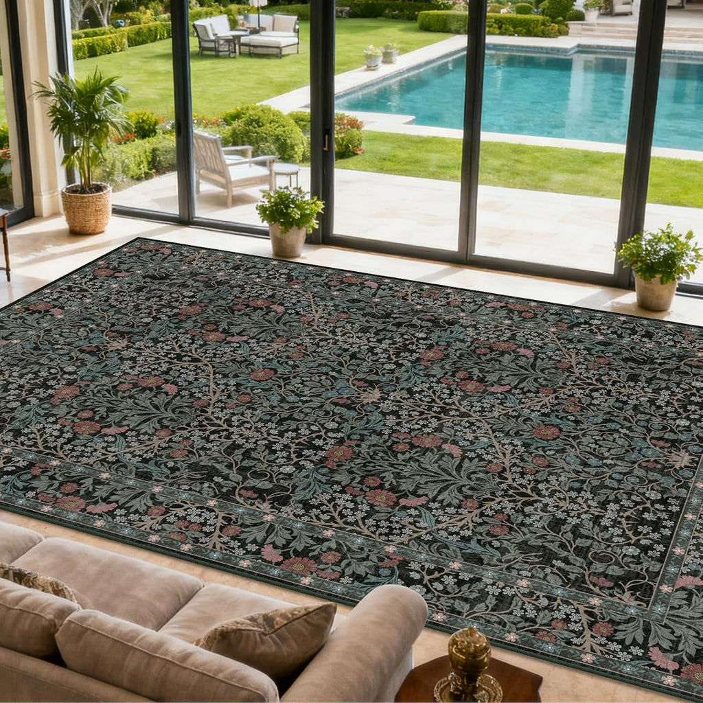 Extra Large 10x14 Area Rug, Washable Rugs, Non Slip Stain Resistant Carpet, Low Pile Vintage Floral Rug (Dark Green)
