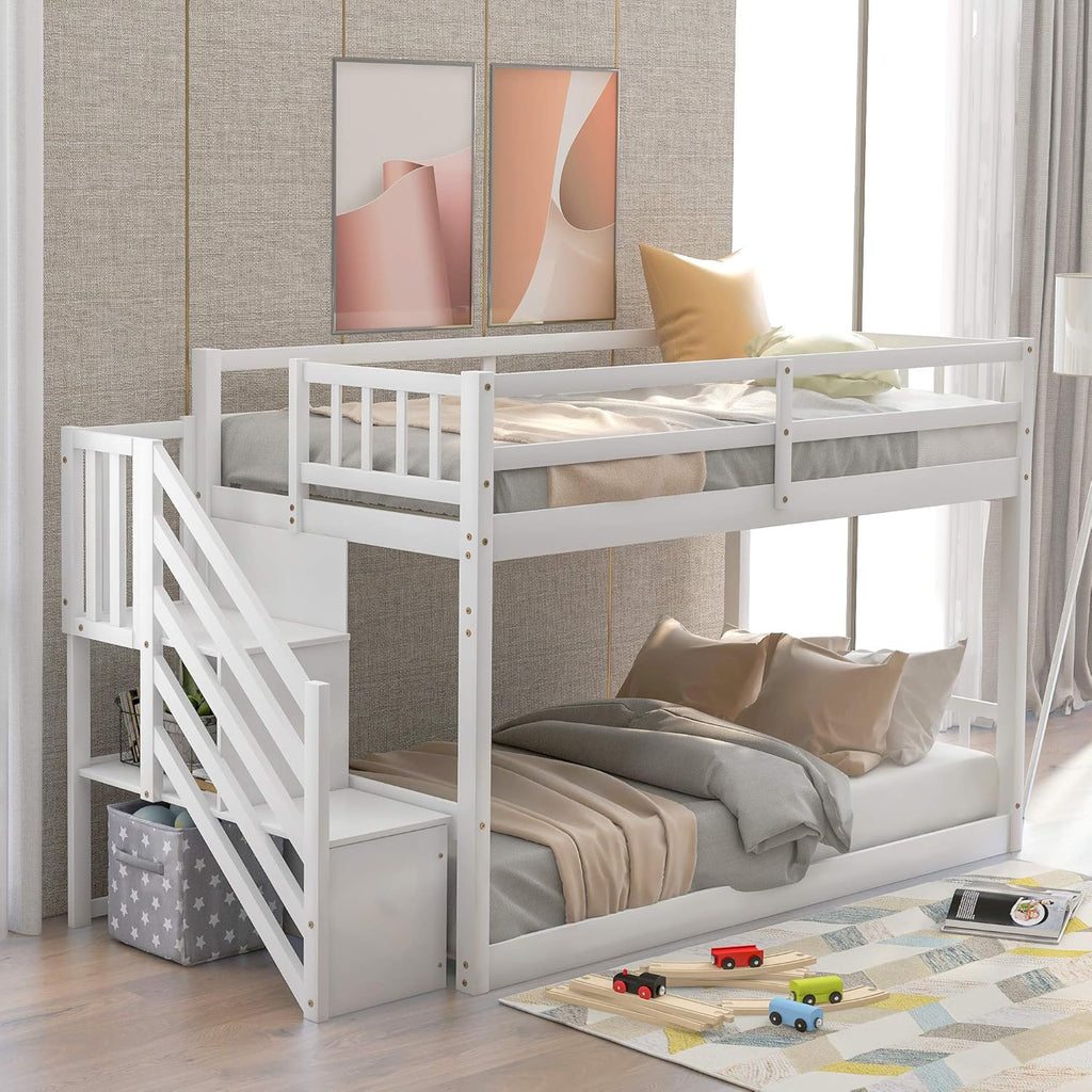 Low Bunk Beds Twin Over Twin with Stairs Solid Wood Bunk Bed Frame for Kids Boys Girls Teens, White