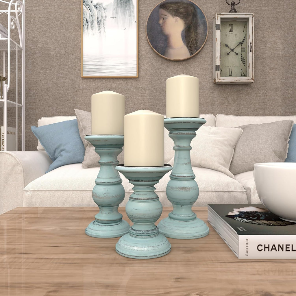 79 Mango Wood Decorative Candle Holder Distressed Turned Pillar Candle Stand, Set of 3 Candlestick Holder 6", 8"