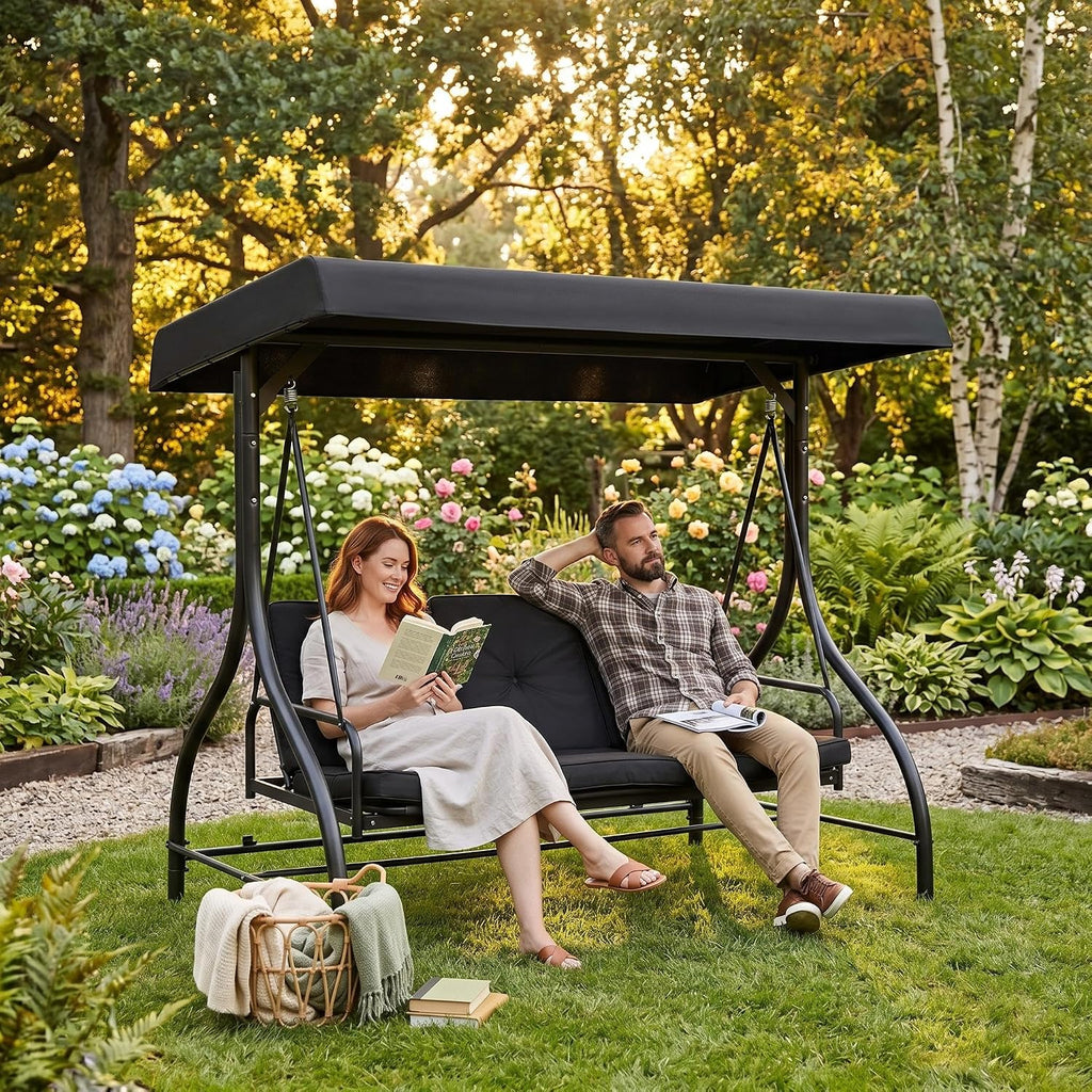 3 Seater Outdoor Porch Swing with Stand for Adults, 2-in-1 Convertible Design Patio Swing, Thick Soft Cushion &