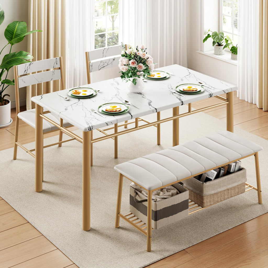 Dining Table Set for 4, Kitchen Table and Chairs Set, White & Gold