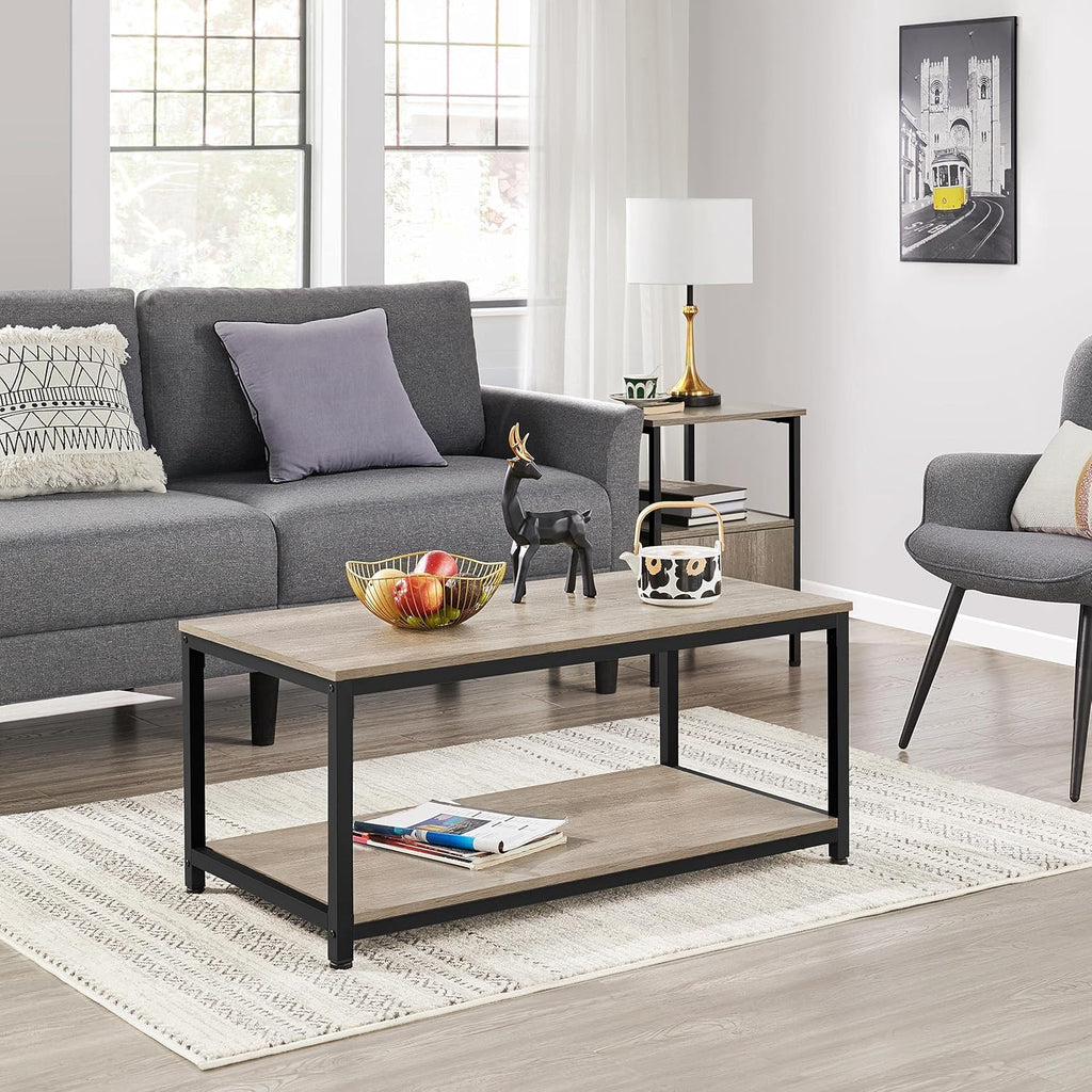 39.5" 2-Tier Coffee Table with Storage Shelve, Industrial Gray Coffee Table, Easy Assembly