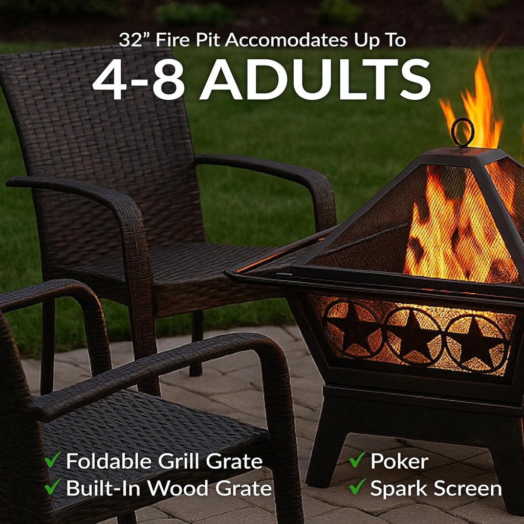 Sunnydaze Northern Galaxy 32-Inch Outdoor Fire Pit with Grill Grate, Spark Screen, and Poker - Heavy-Duty Wood-Burning Fire Pit for Outside - Image 2