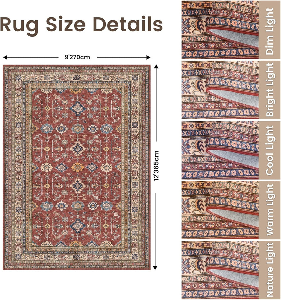 9x12 Area Rugs, Vintage Washable Area Rug, Burgundy