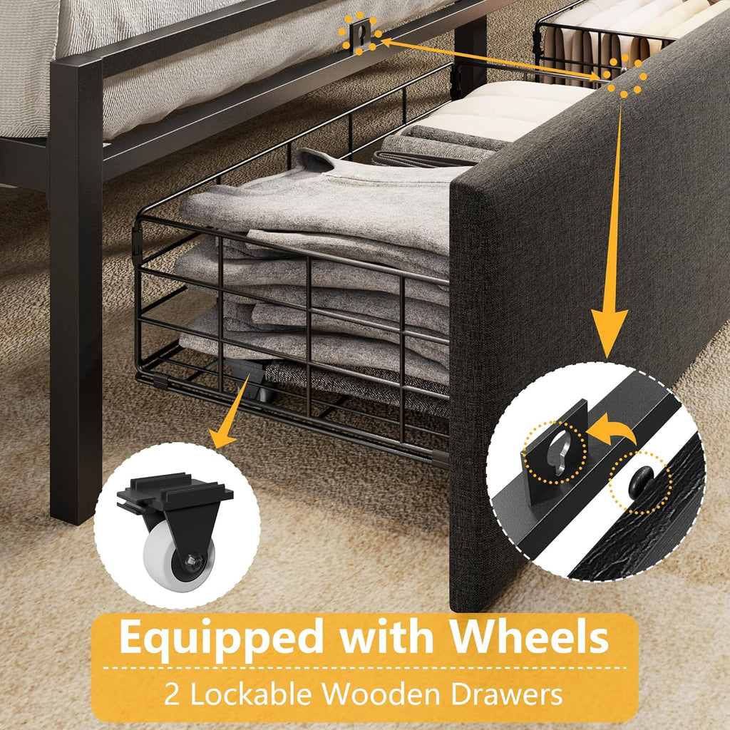 Queen Bed Frame with Storage Drawers, Upholstered Headboard with LED Light & Charging Station