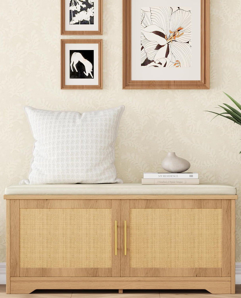 Rattan Shoe Storage Bench with Cushion, 39.4" Wide Entryway Bench with Adjustable Shelf, Hidden Shoe Organizer