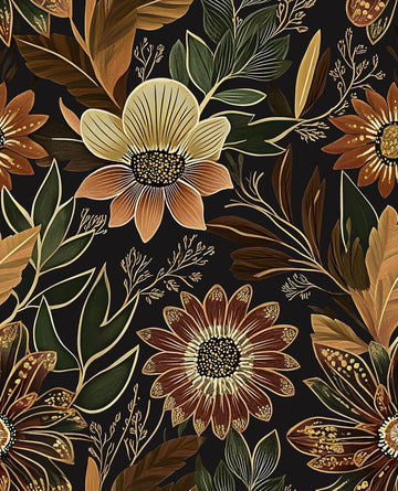 Boho Dark Black Gold Floral Wallpaper Peel and Stick 17.5"x393" | Self Adhesive/Removable/Waterproof/Thick Vinyl