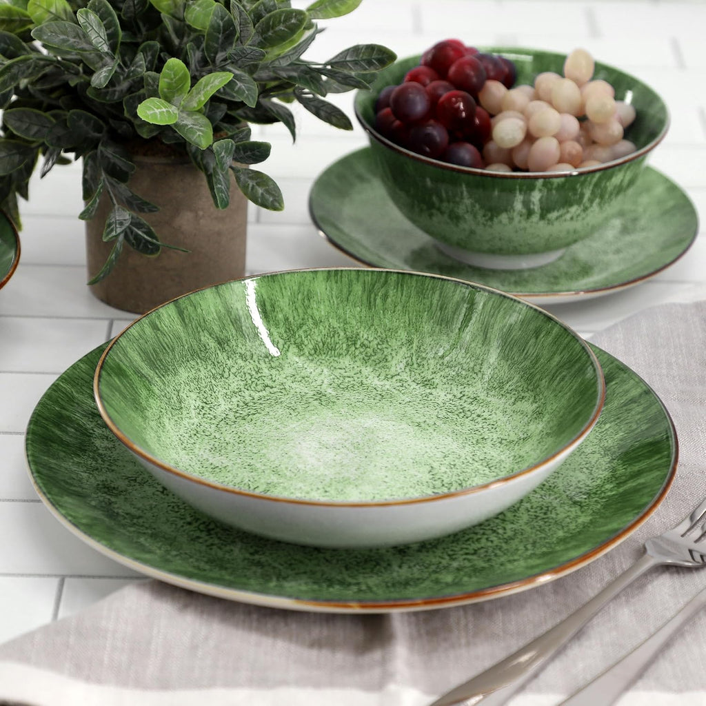 Oceanus 16 Piece Round Shape Porcelain Double Bowl Dinnerware Set, Tableware Set, Table Setting- Service for 4 (Green)