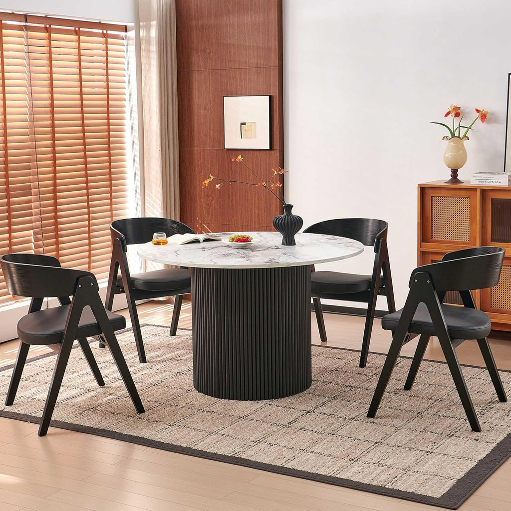 Modern Round Pedestal Dining Table for 4-6, 47" Kitchen Table with White Marble Grain Tabletop Engineered Wood Base