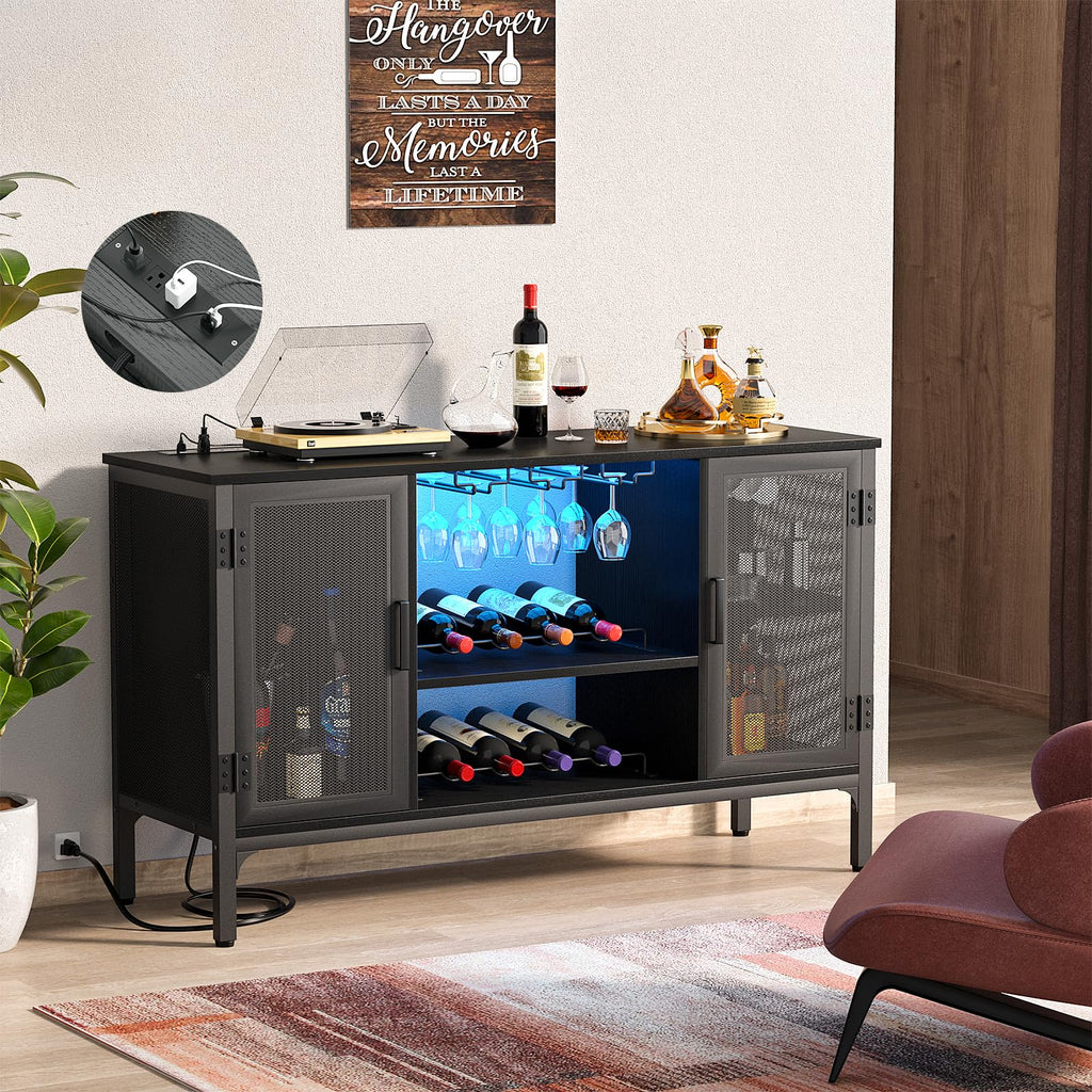 Wine Bar Cabinet with Power Outlets & LED Lights, Black