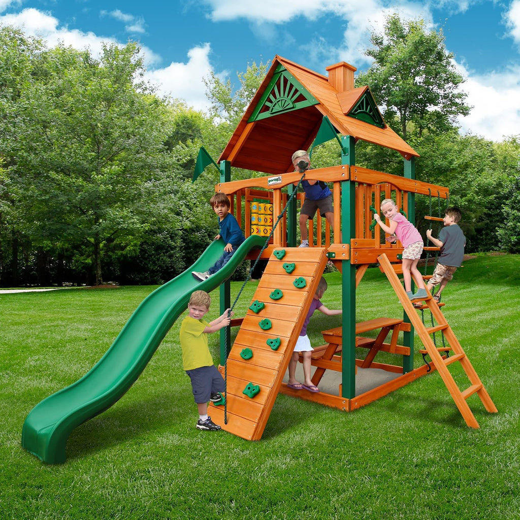 01-0061-AP-1 Chateau Tower Wooden Playset with Amber Posts, Slide, Climbing Wall, & Deluxe Green Vinyl Canopy