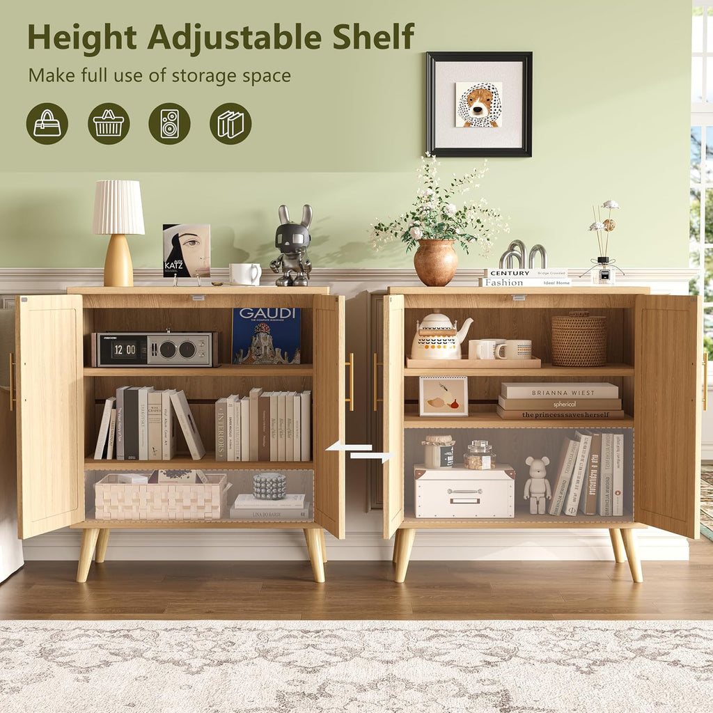 Set of 2 Rattan Storage Cabinet with 4 Doors & Solid Wood Legs | 59 Inch Sideboard with Adjustable Shelf , Floor