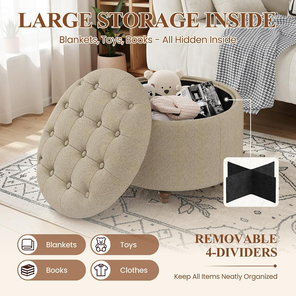 25" Round Ottoman with Storage, Small Coffee Table with Reversible Tray Lid
