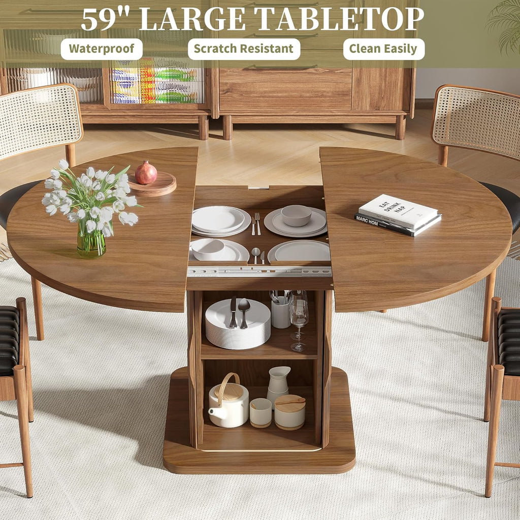 Extendable Round Dining Table for 4-6-8, 59 Inch Dining Room Kitchen Table with Storage, Fluted Wood Slide Door