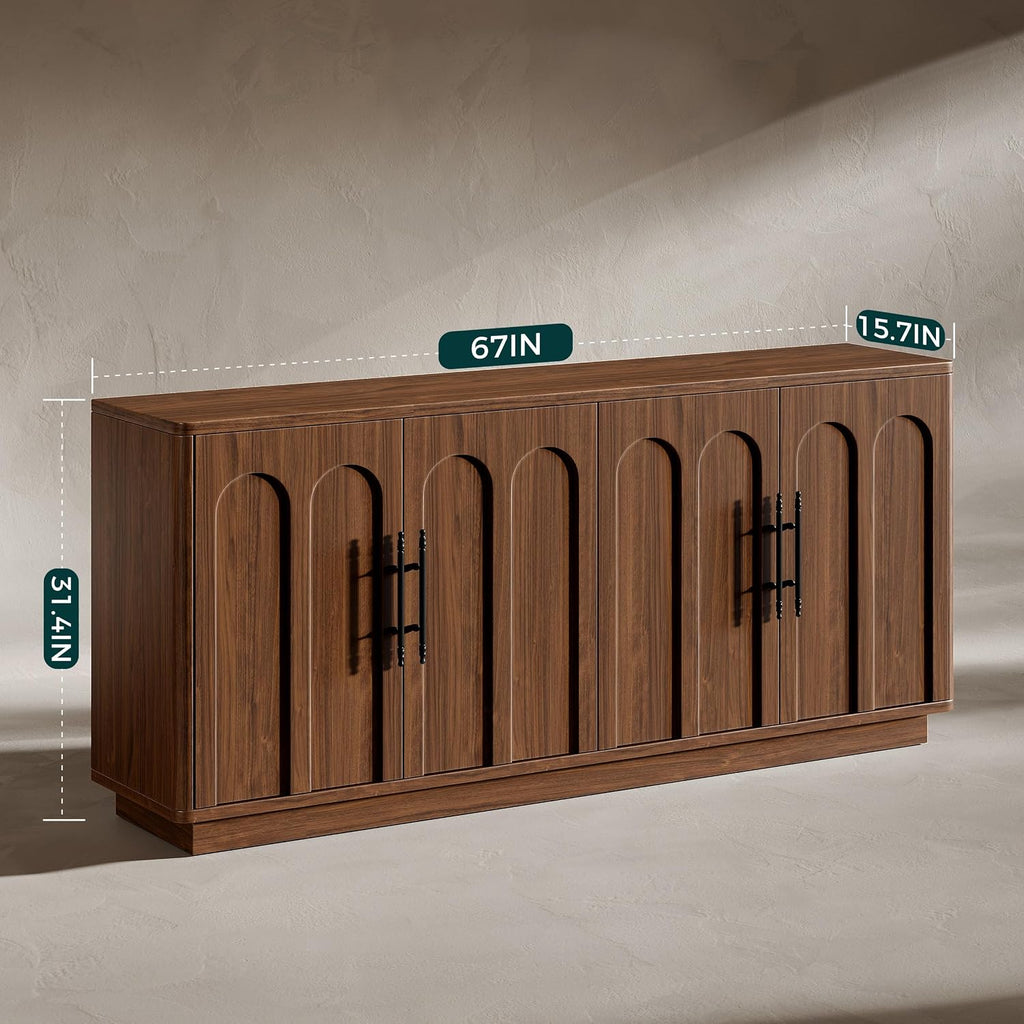67" Arched Walnut Buffet Cabinet with Storage, Large Credenza with 4 Doors