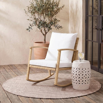 Outdoor - Daire Rocking Chair - Natural & White - Steel Frame Faux & Rattan with Cushion - Open-Frame Design - Ideal