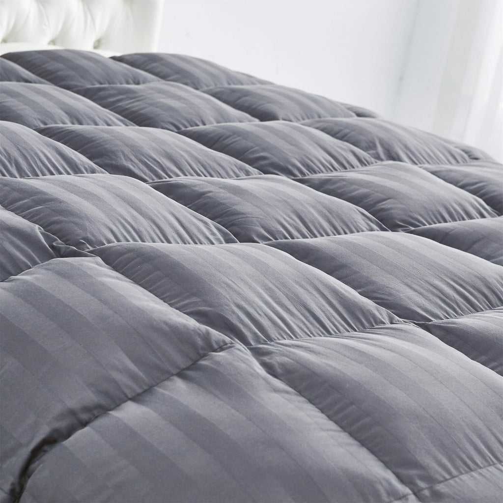 Luxurious All-Season Goose Down Comforter Full Size Duvet Insert, Exquisite Gray Stripe Design, 100% Egyptian Cotton