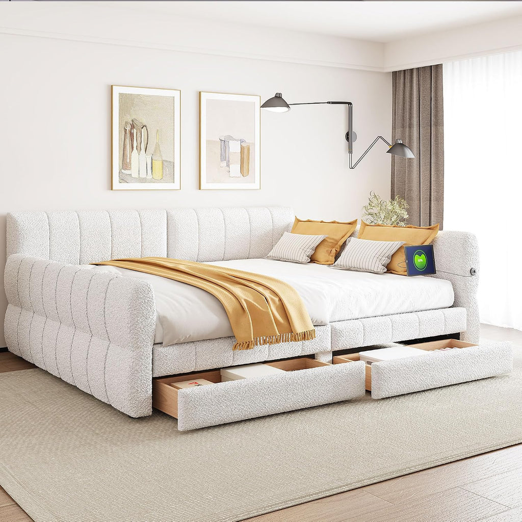 Queen daybed with USB, Queen Corner Bed with Two Drawers, Upholstered Bed Frame for Kids,Teens,Adults, Lambswool