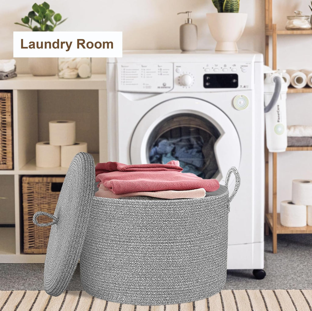 21" x 18" Extra Large storage baskets,Decorative blanket basket with lid ,rope baskets with lid,wicker hamper