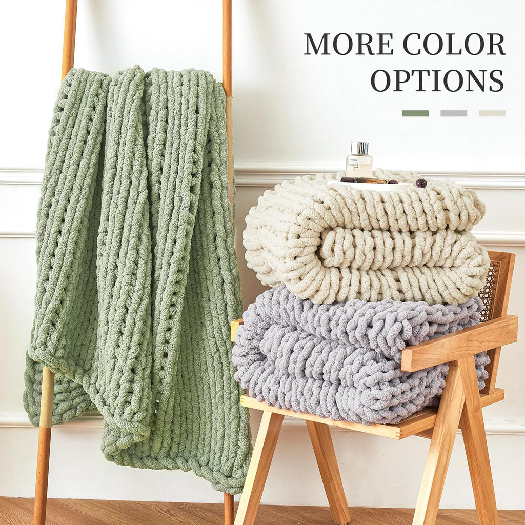 Chunky Knit Blanket Throw, 100% Hand Knit Chenille Throw Blanket, Soft and Cozy Knitted Throw Blankets (Sage