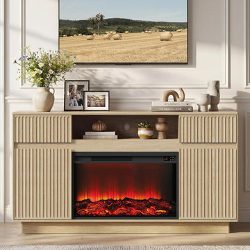Fireplace TV Stand with 30" Electric Fireplace, Modern Fireplace Entertainment Center Fits TVs up to 70", Fluted Wood