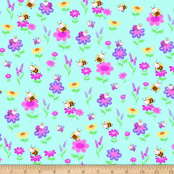 Comfy Flannel Happy Bees & Flowers Aqua, Fabric by the Yard