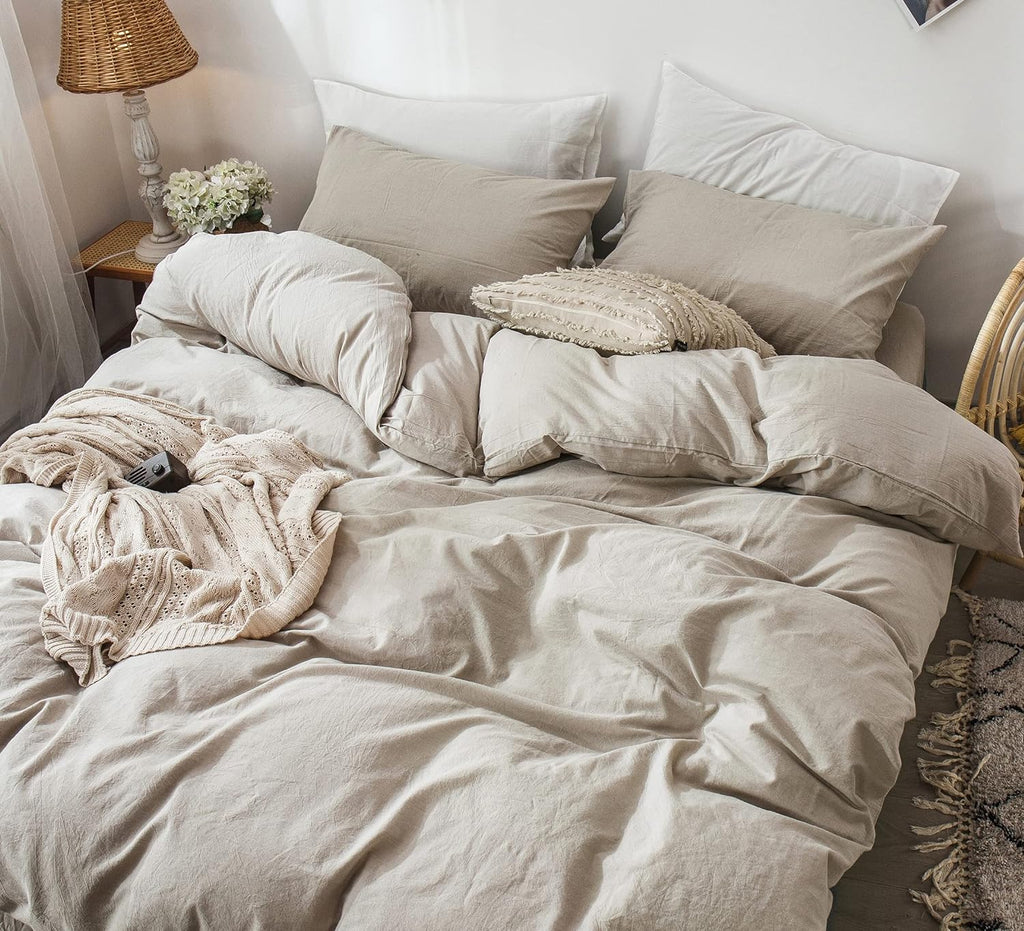 Duvet Cover Set 100% Washed Cotton Linen Like Queen - Set of 3