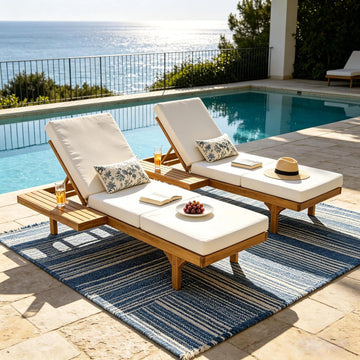 2-Person Outdoor Chaise Lounge Set with 3-Fold 4" Cushions, Acacia Wood Patio 5-Position Adjustable Reclining Sun