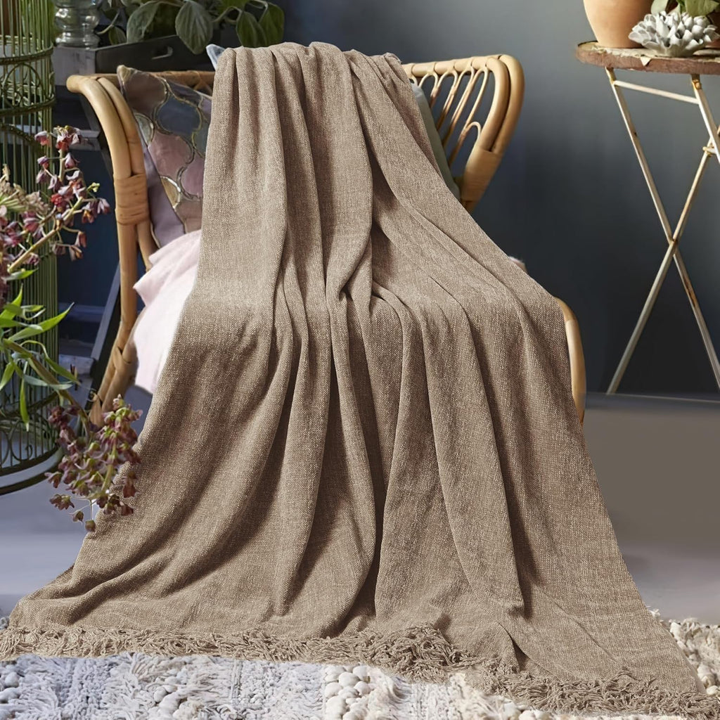 Chenille Throw Blanket, Soft Cozy Throws with Fringe Tassel, Lightweight Knitted Decorative Boho Blankets, Taupe