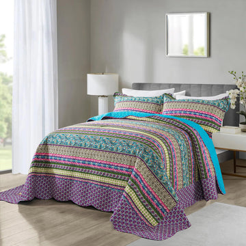 Cotton Bedspread Quilt Sets - Reversible Patchwork Coverlet Set, Striped Jacquard Pattern