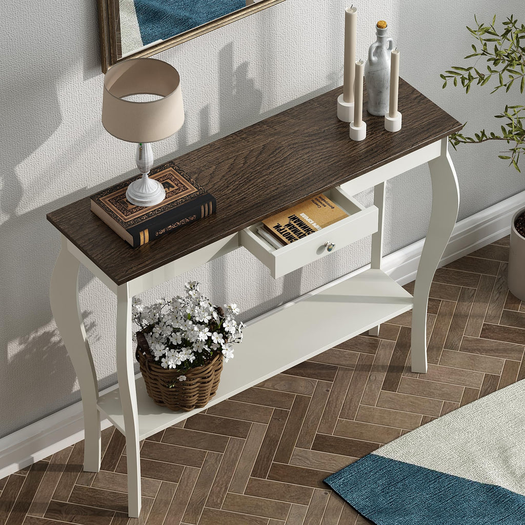 39" Narrow Farmhouse Entryway Table with Drawer, Soft White