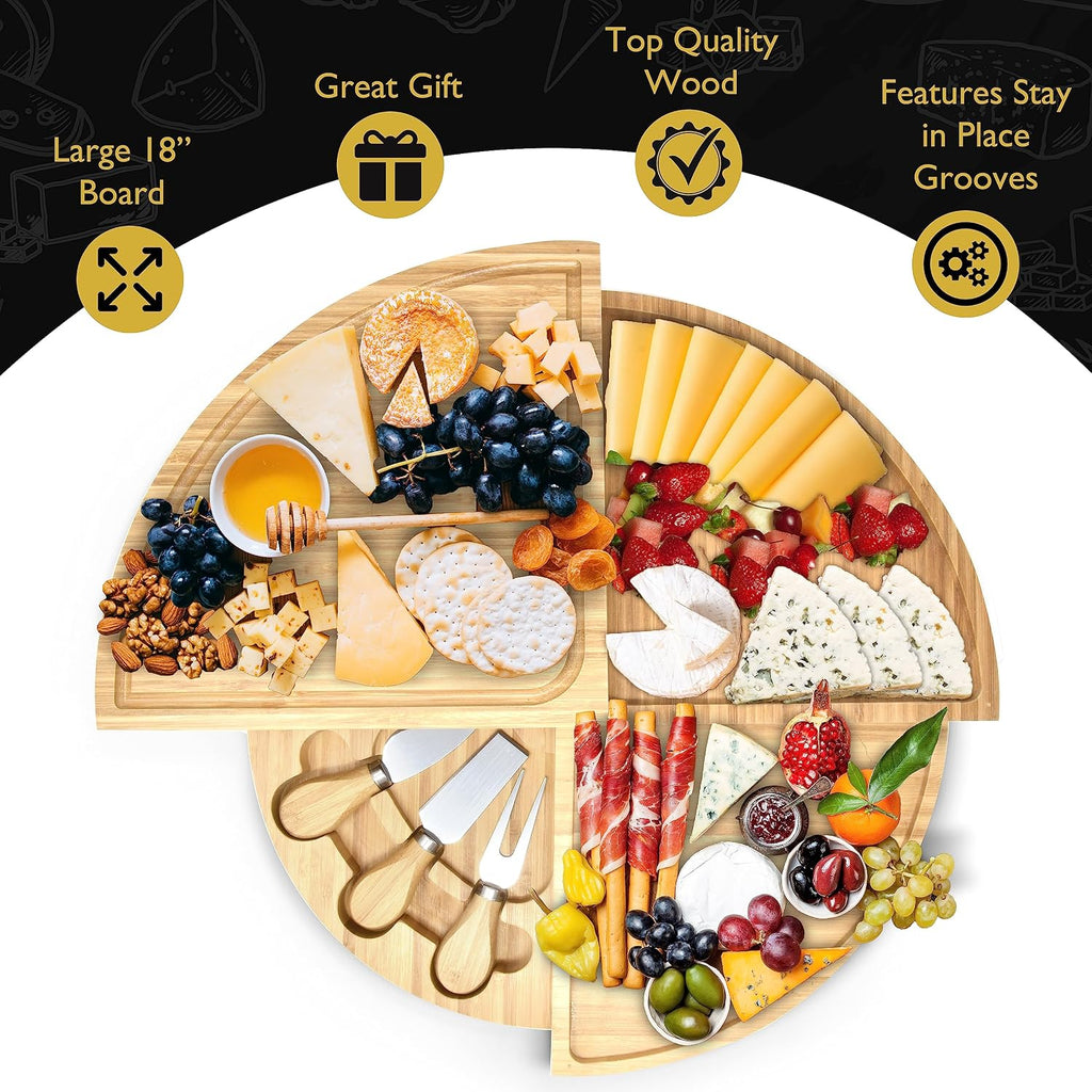 Bamboo Cheese Board & Knife Set, Large Folding 18 Inch Round Wood Rotating Charcuterie Board Set Cheese Meat Wine