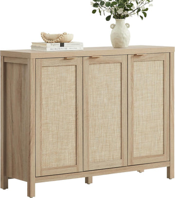 Rattan Buffet Cabinet with Storage 43.5" Sideboard Cabinet with 3 Doors & Adjustable Shelves Wood Sideboard Credenza